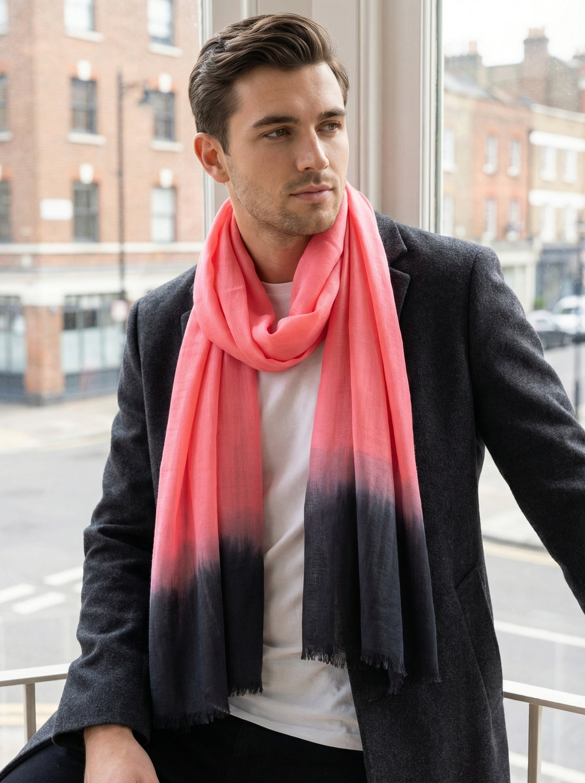 Man wearing Rose Moroccan Tagelmust as a breathable desert headscarf, lightweight travel scarf built for trekking and dust protection.