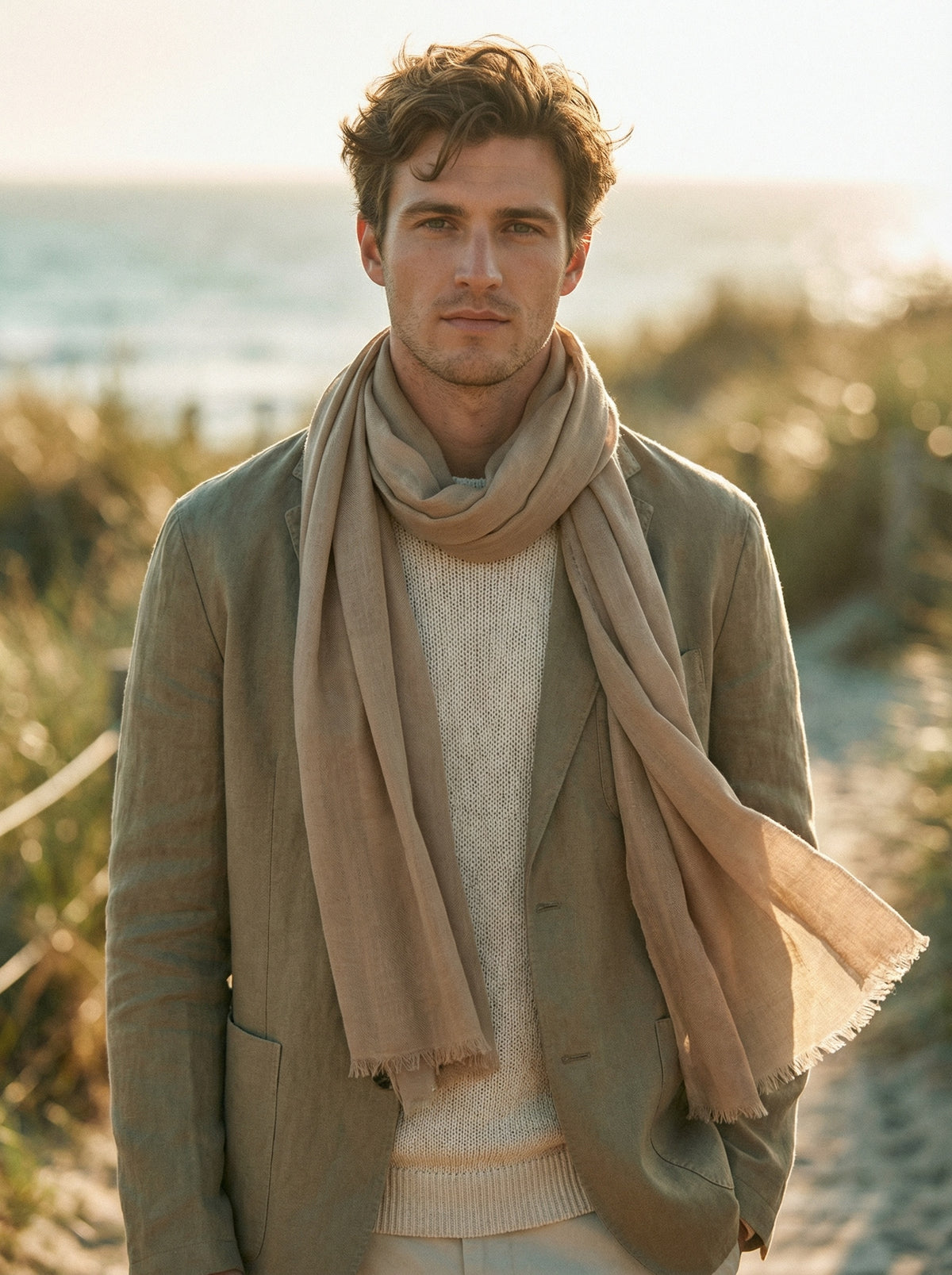 Man wearing khaki Moroccan Tagelmust as a breathable desert headscarf, ideal safari scarf for trekking and wind protection.