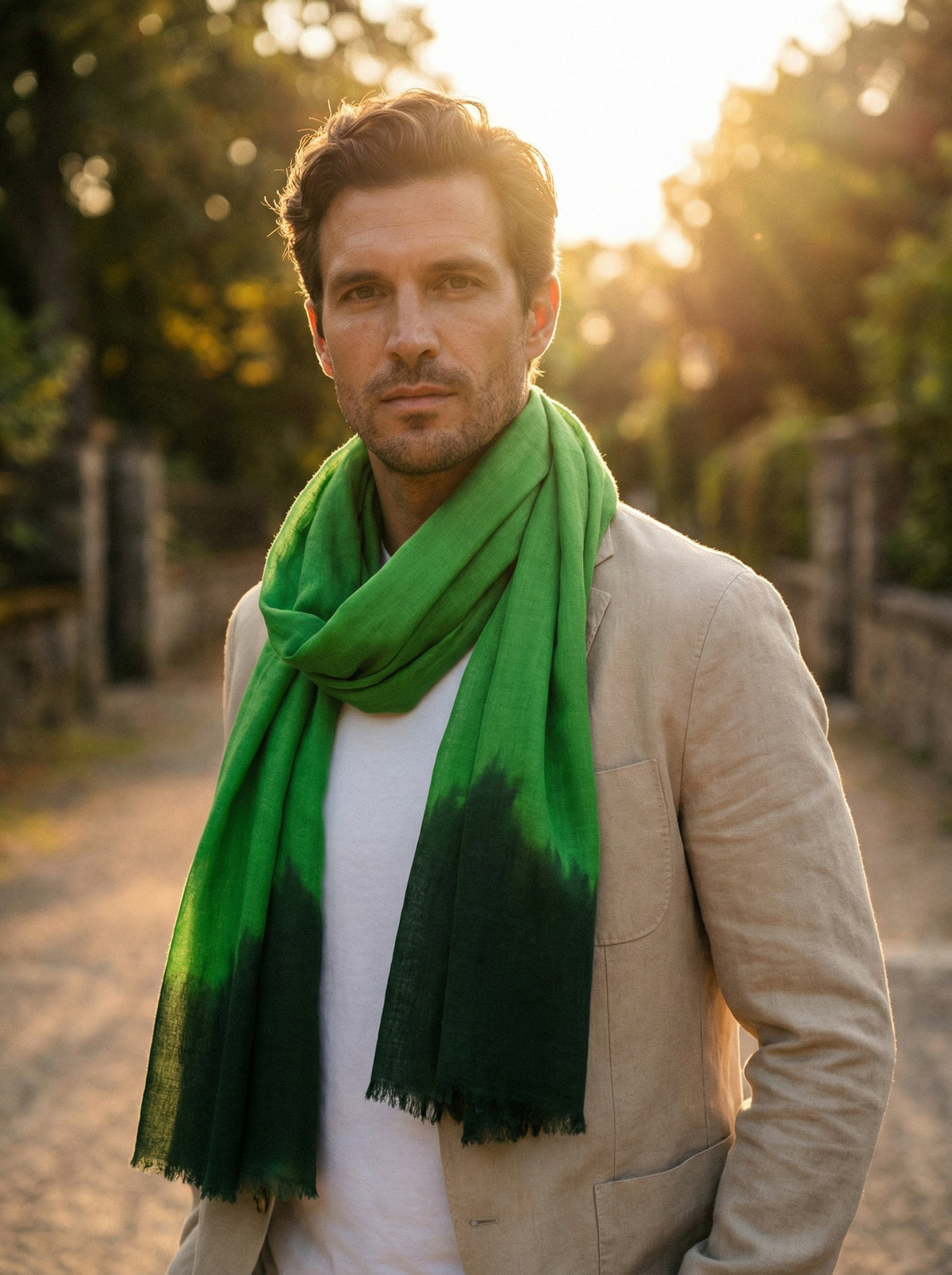Man wearing Green Moroccan Tagelmust as a breathable desert headscarf, lightweight safari scarf built for wind and dust protection.