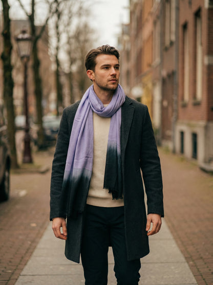 Man wearing Violet Moroccan Tagelmust as a breathable desert headscarf, lightweight travel scarf built for wind and dust protection.