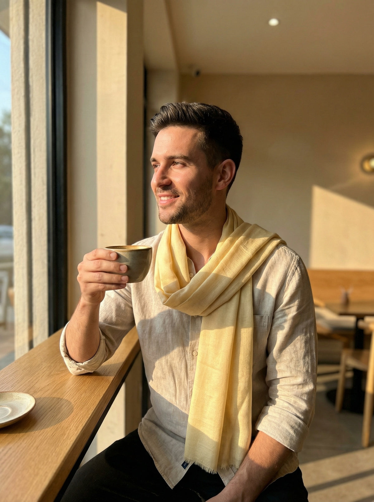 Lightweight Original Colonial Yellow Tagelmust crafted in sustainably sourced rayon fabric, breathable Moroccan desert headscarf designed for Sahara travel, safari protection, and hot climate exploration.