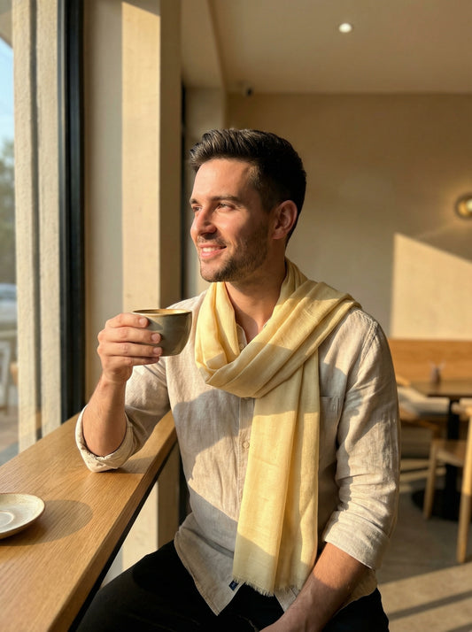 Lightweight Original Colonial Yellow Tagelmust crafted in sustainably sourced rayon fabric, breathable Moroccan desert headscarf designed for Sahara travel, safari protection, and hot climate exploration.