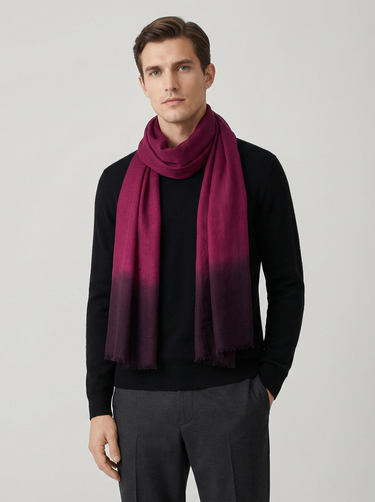 Man wearing Amaranth Purple Moroccan Tagelmust as a breathable desert headscarf, lightweight safari scarf built for Sahara trekking, dust protection, and hot weather travel.