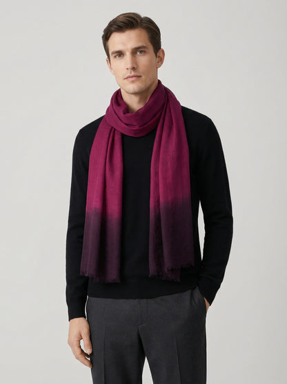Man wearing Amaranth Purple Moroccan Tagelmust as a breathable desert headscarf, lightweight safari scarf built for Sahara trekking, dust protection, and hot weather travel.