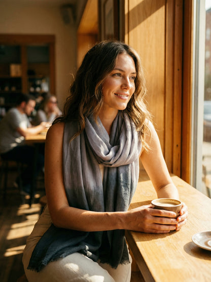 Taupe grey Tagelmust styled as a lightweight travel scarf for women, Touareg inspired Moroccan headscarf ideal for safari adventures and warm desert climates.
