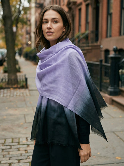 Violet Tagelmust styled as a lightweight safari scarf for women, Touareg inspired Moroccan shawl ideal for hot climate exploration.