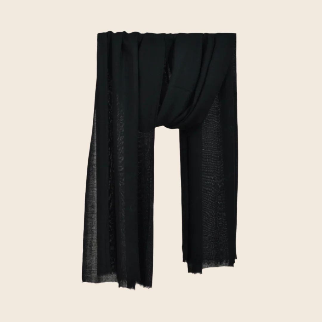 Smoke Black Original Tagelmust scarf – elegant deep midnight‑black hanging wrap, sustainably sourced lightweight Moroccan headscarf ideal for nomadic travelers searching for pure black scarves for hot‑weather, dry‑climate adventures.